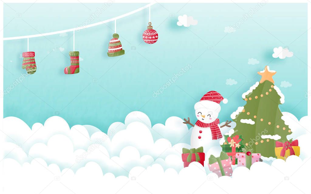 Christmas celebrations with cute Snowman for Christmas card in paper cut style. Vector illustration