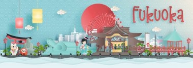 Fukuoka şehrinin panorama manzarası Japonya 'nın dünyaca ünlü simgeleriyle kağıt kesim stili illüstrasyonunda.