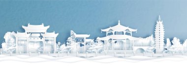 Kunming şehrinin panorama manzarası Çin 'in dünyaca ünlü simgeleriyle kağıt kesimi stil illüstrasyonunda.