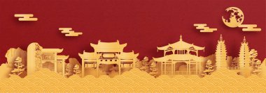 Panorama kartpostalı ve Çin 'in Kunming şehrinin kağıt kesim stili illüstrasyonunda dünya çapında ünlü simgelerinin afişi.