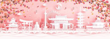 Kyoto, Japonya 'da sonbahar. Düşen akçaağaç yaprakları ve kağıt kesim tarzı illüstrasyonunda dünyaca ünlü simgeler.