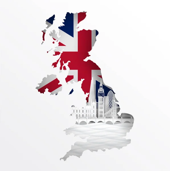 Inglaterra Concepto Mapa Con Famoso Hito Para Postales Viaje Póster — Vector de stock