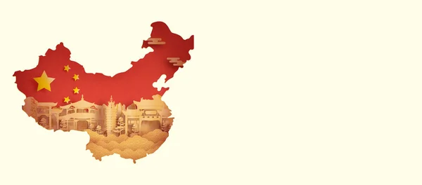 China Flag Kunming China World Famous Landmarks Paper Cut Style — стоковий вектор