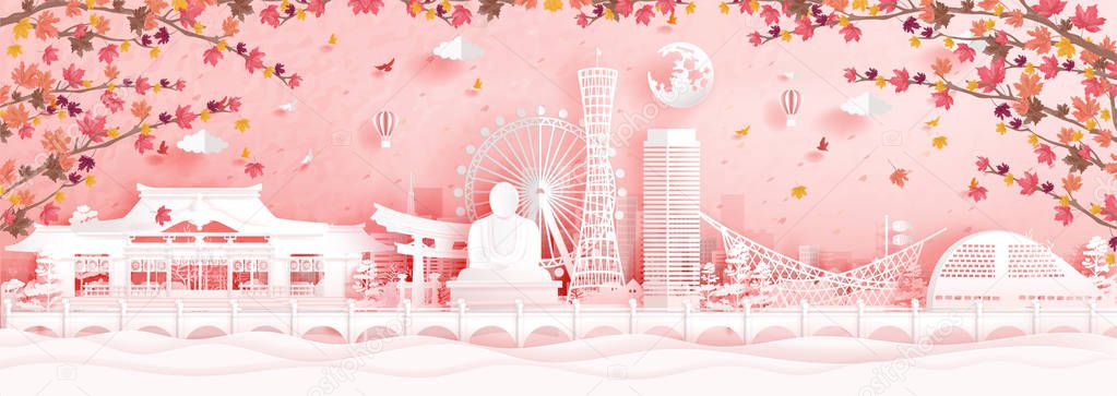 Autumn in Kobe, Japan with falling maple leaves and world famous landmarks in paper cut style vector illustration