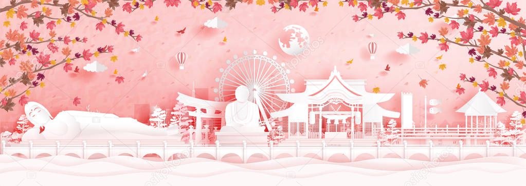 Autumn in Fukuoka, Japan with falling maple leaves and world famous landmarks in paper cut style vector illustration