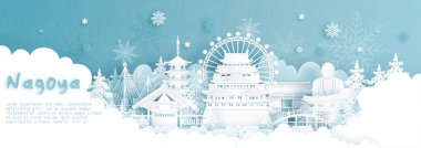 Panorama kartpostal ve Japonya 'nın Nagoya, kış mevsiminde kağıt kesiği stil illüstrasyonunda yağan karla ünlü dünya tarihi simgelerinin posterleri.