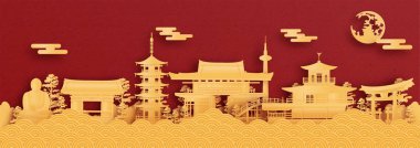 Panorama posta kartı ve Japonya 'nın Kyoto şehrinin ünlü simgelerinin kağıt kesim stili illüstrasyonunda yer alan posterleri.