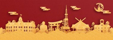 Japonya 'nın Sapporo şehrinin kağıt kesim stili illüstrasyonunda dünya çapında ünlü simgelerinin panorama kartpostal ve seyahat posteri.