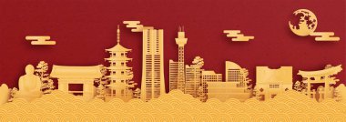 Japonya 'nın Yokohama kentinin kağıt kesim stili illüstrasyonunda, dünyaca ünlü simgelerinin panorama ve seyahat posteri.