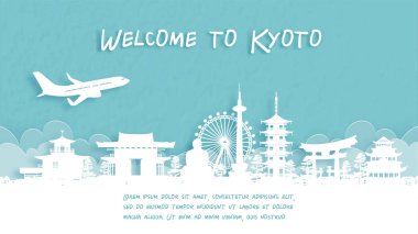 Japonya 'nın ünlü kağıt kesim stili illüstrasyon simgesi Kyoto' ya hoş geldiniz posteri.