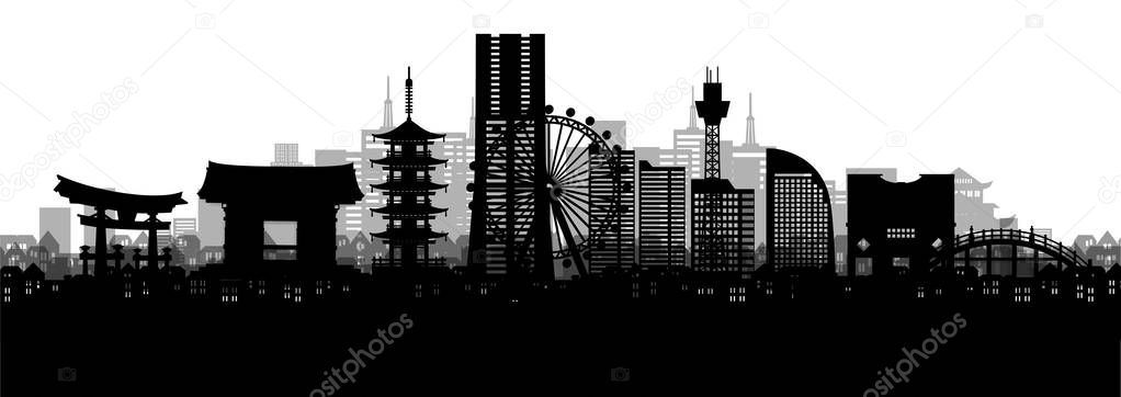 Silhouette panorama view of Yokohama city skyline with world famous landmarks of Japan. Vector illustration.