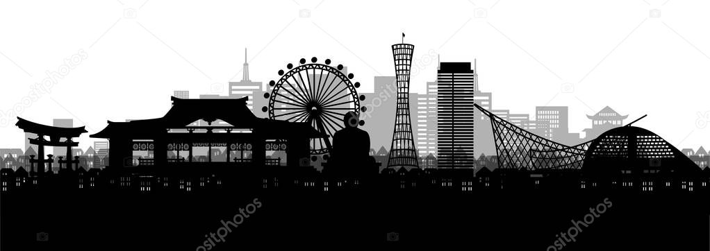 Silhouette panorama view of Kobe city skyline with world famous landmarks of Japan. Vector illustration.