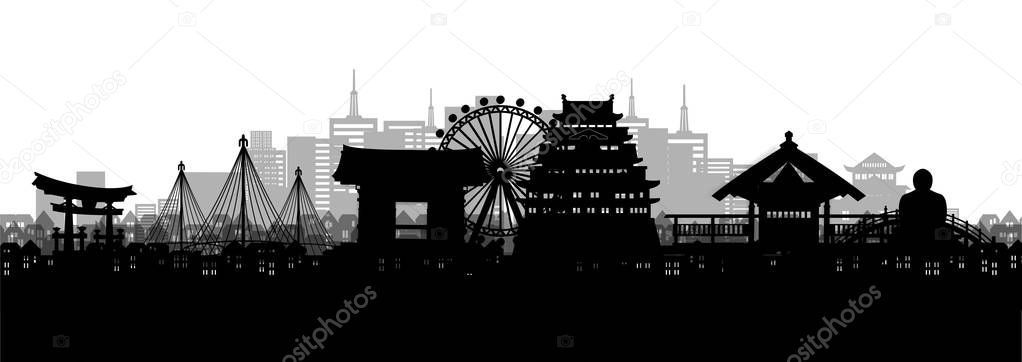 Silhouette panorama view of Nagoya city skyline with world famous landmarks of Japan. Vector illustration.