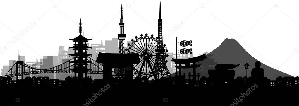 Silhouette panorama view of Tokyo city skyline with world famous landmarks of Japan. Vector illustration.