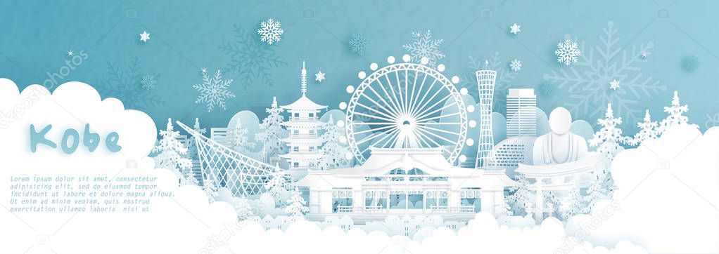 Panorama postcard and travel poster of world famous landmarks of Kobe, Japan in winter season with falling snow in paper cut style vector illustration