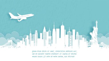 New York 'a hoşgeldiniz, Amerika' nın ünlü simgesi kağıt kesim tarzı vektör illüstrasyonunda.