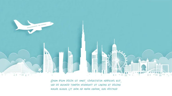 Travel Poster Welcome Dubai Famous Landmark Paper Cut Style Vector — Stock Vector