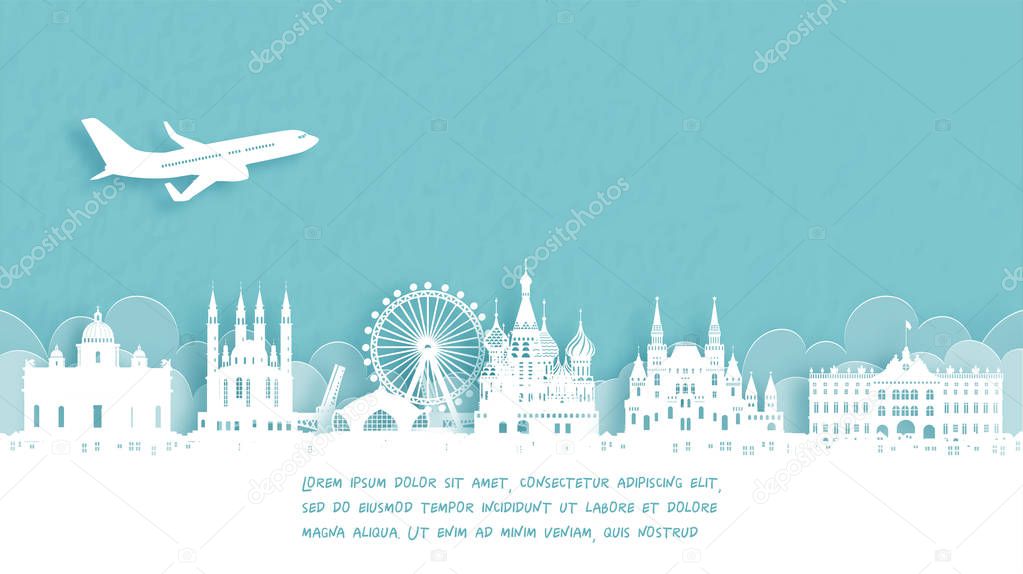 Travel poster with Welcome to Moscow, Russia famous landmark in paper cut style vector illustration.