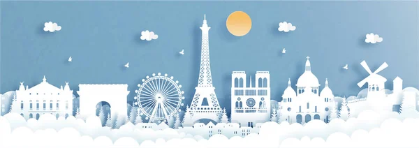 World Famous Landmark Paris France Travel Concept Paper Cut Style — Stock Vector