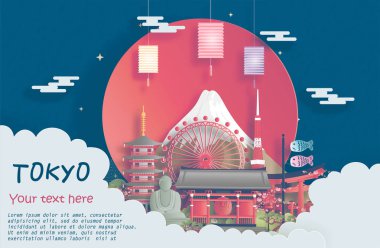 Tokyo, Japonya 'nın kağıt kesim stili illüstrasyonunda dünyaca ünlü simgelerinin gezici posteri