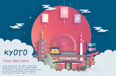 Japonya 'nın Kyoto kentinin kağıt kesim stili illüstrasyonunda dünyanın en ünlü simgelerinin gezici posteri.