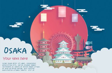 Japonya 'nın Osaka kentinin kağıt kesim stili illüstrasyonunda dünya çapında ünlü simgelerinin gezici posteri