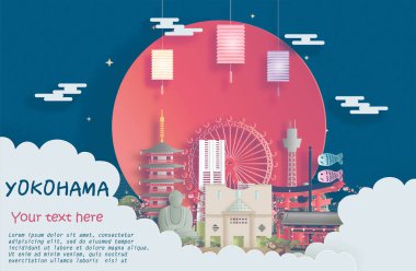 Japonya 'nın Yokohama kentinin kağıt kesim stili illüstrasyonunda dünya çapında ünlü simgelerinin gezici posteri.