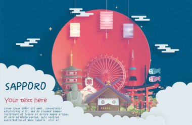 Japonya 'nın Sapporo kentinin kağıt kesim stili illüstrasyonunda dünya çapında ünlü simgelerinin gezici posteri
