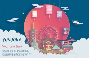 Japonya 'nın Fukuoka kentinin kağıt kesim stili illüstrasyonunda dünyanın en ünlü simgelerinin gezici posteri.