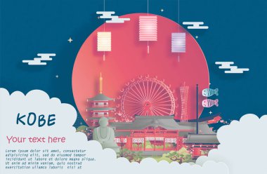 Japonya, Kobe 'nin dünyaca ünlü simgelerinin kağıt kesim stili illüstrasyonunda gezici posteri.