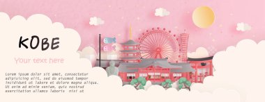 Tur ve seyahat reklamları, kartpostal, Kobe, Japonya 'nın kağıt kesim tarzı vektör illüstrasyonundaki dünyaca ünlü simgesi panorama posteri..