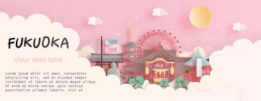 Turne ve seyahat reklamları, kartpostal, Fukuoka, Japonya 'nın kağıt kesim tarzı vektör illüstrasyonunda dünyaca ünlü simgesinin panorama posteri.