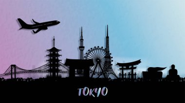 Tokyo şehrinin siluet manzarası. Japonya 'nın dünyaca ünlü simgeleriyle gökyüzü. Vektör illüstrasyonu.