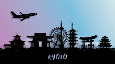 Japonya 'nın dünyaca ünlü simgeleriyle Kyoto şehrinin siluet manzarası. Vektör illüstrasyonu.
