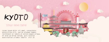 Tur ve seyahat reklamları, kartpostallar, Kyoto, Japonya 'nın ünlü simgelerinin panorama posteri kağıt kesim tarzı vektör illüstrasyonunda..