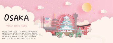Tur ve seyahat reklamları, kartpostal, Osaka, Japonya 'nın dünyaca ünlü simgesinin panorama posteri kağıt kesim tarzı vektör ilüstrasyonunda..