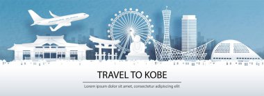 Panorama manzaralı şehir silueti ve kağıt kesim stili illüstrasyonunda Japonya 'nın dünyaca ünlü simgeleriyle Kobe konseptine seyahat etmek..