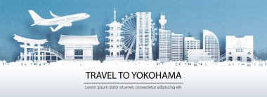 Yokohama konseptine seyahat ile seyahat etmek, panorama manzaralı şehir silueti ve kağıt kesiği stil illüstrasyonunda Japonya 'nın dünyaca ünlü simgeleri..