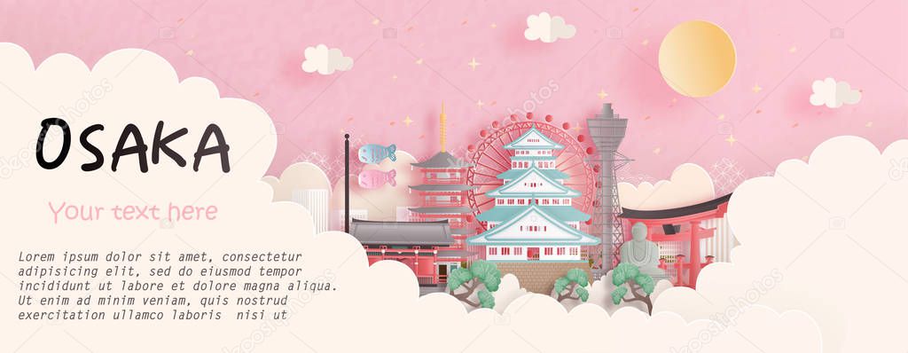 Tour and travel advertising, postcard, panorama poster of world famous landmark of Osaka, Japan in paper cut style vector illustration.