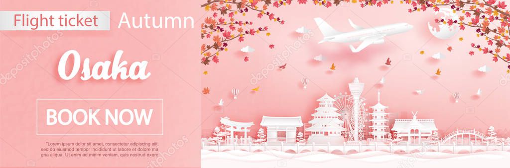 Flight and ticket advertising template with travel to Osaka, Japan in autumn season deal with falling maple leaves and famous landmarks in paper cut style vector illustration