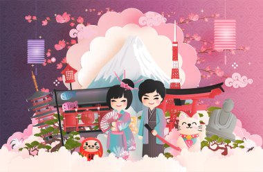 Fuji Dağı ve Kimono 'lu Japon insanların kağıt kesim tarzında giyindiği Japonya' nın dünyaca ünlü simgelerinin tanıtım kartı, posteri, turne reklamı. Vektör illüstrasyonu 