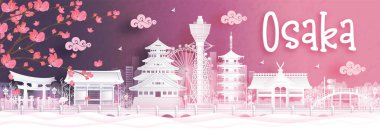 Sonbahar mevsimi, düşen Sakura çiçekleri ve Japonya 'nın dünyaca ünlü kağıt kesimi vektör illüstrasyonunda Osaka ile.