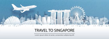 Singapur konseptine seyahat ile seyahat etmek şehir siluetinin panorama manzarası ve kağıt kesimi stil illüstrasyonunda dünyaca ünlü simgeler.