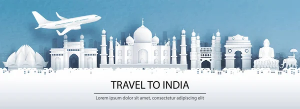 Şehir siluetinin panorama manzaralı ve kağıt kesim stili illüstrasyonunda dünyaca ünlü simgelere sahip Hindistan 'a seyahat konsepti ile seyahat reklamcılığı