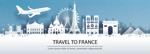 Publicidad Viajes Con Concepto Viaje Francia Con Vista Panorámica Del — Vector de stock
