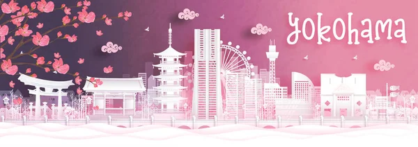 Musim Gugur Dengan Jatuhnya Bunga Sakura Dan Yokohama Jepang Markah - Stok Vektor