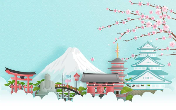 Iklan Perjalanan Dengan Perjalanan Jepang Konsep Dengan Landmark Terkenal Jepang - Stok Vektor