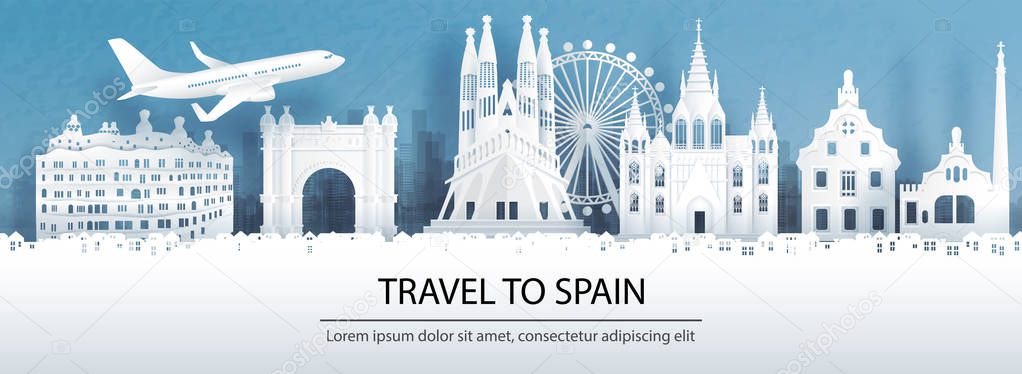 Travel advertising with travel to Spain concept with panorama view of city skyline and world famous landmarks in paper cut style vector illustration
