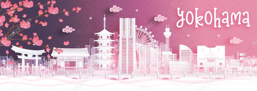 Autumn season with falling Sakura flower and Yokohama, Japan world famous landmarks in paper cut style vector illustration