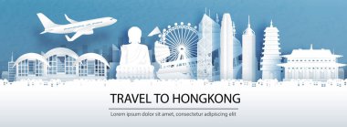 Şehir siluetinin panorama manzaralı Hong Kong konseptine seyahat reklamı ve kağıt kesim stili illüstrasyonunda dünyaca ünlü simgeler..
